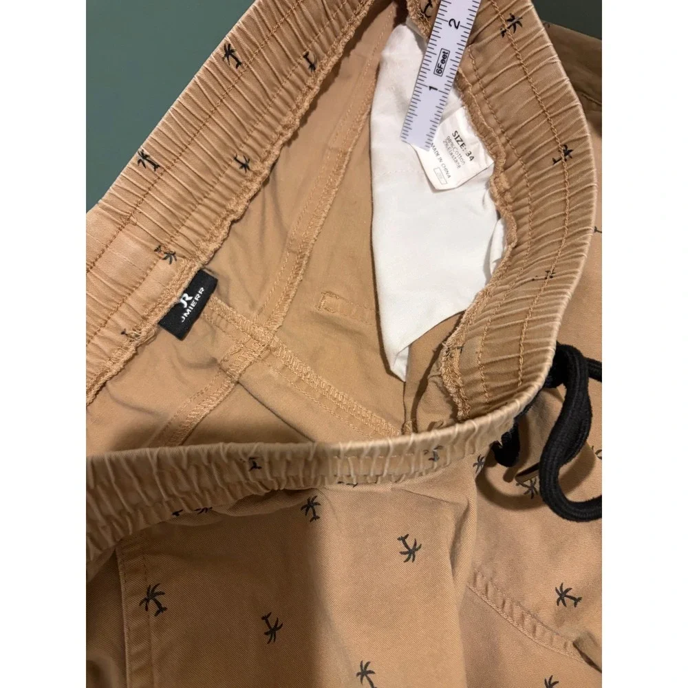 JMIERR Mens Tan Palm Tree Print Drawstring Shorts Size 34 Khaki Casual Summer
